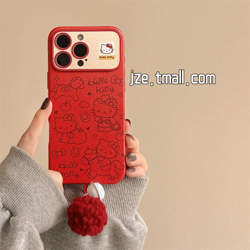 jze 新年款红色小马HelloKitty适用苹果17ProMax手机壳iphone15新款16pro女款13皮纹15pro全包14防摔手机套17