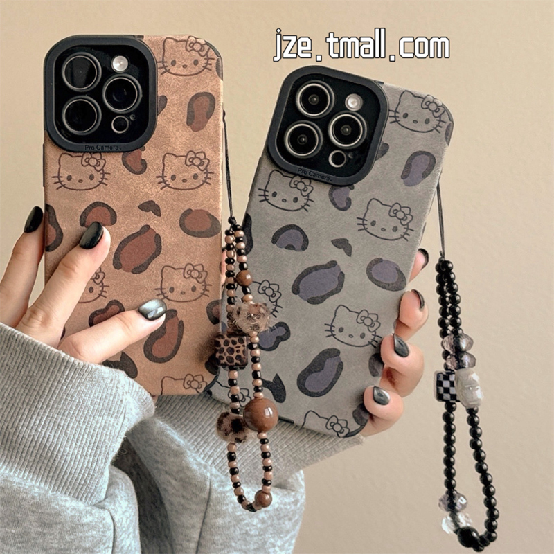 可爱美拉德豹纹HelloKitty适用苹果15手机壳带链条iPhone16ProMax新款15pro防摔13女小众12硅胶14pro全包软壳