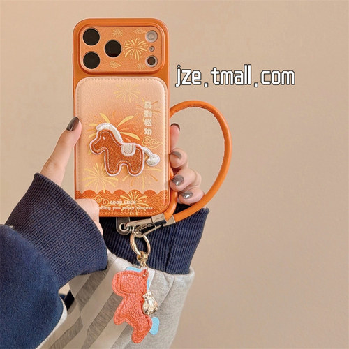 jze 新年橙色烟花马到成功刺绣适用苹果17ProMax手机壳iphone15新款16pro女款13手拎绳15pro全包防摔保护套14