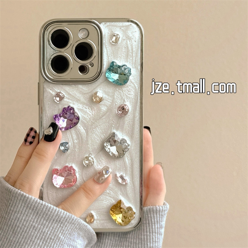 立体彩色kitty猫闪钻适用苹果14手机壳iPhone13ProMax新款15pro防摔12女款小众11硅胶14promax高级感全包滴胶