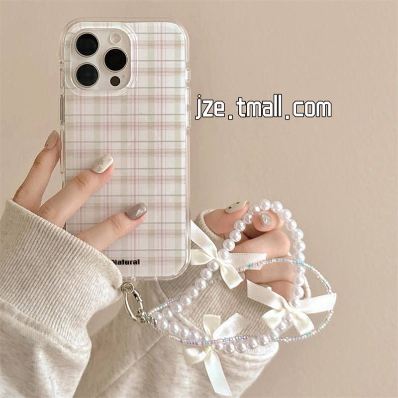 韩系ins简约高级撞色格纹适用苹果15手机壳iphone16ProMax新款15promax女13珍珠挂绳16pro小香风14全包保护套