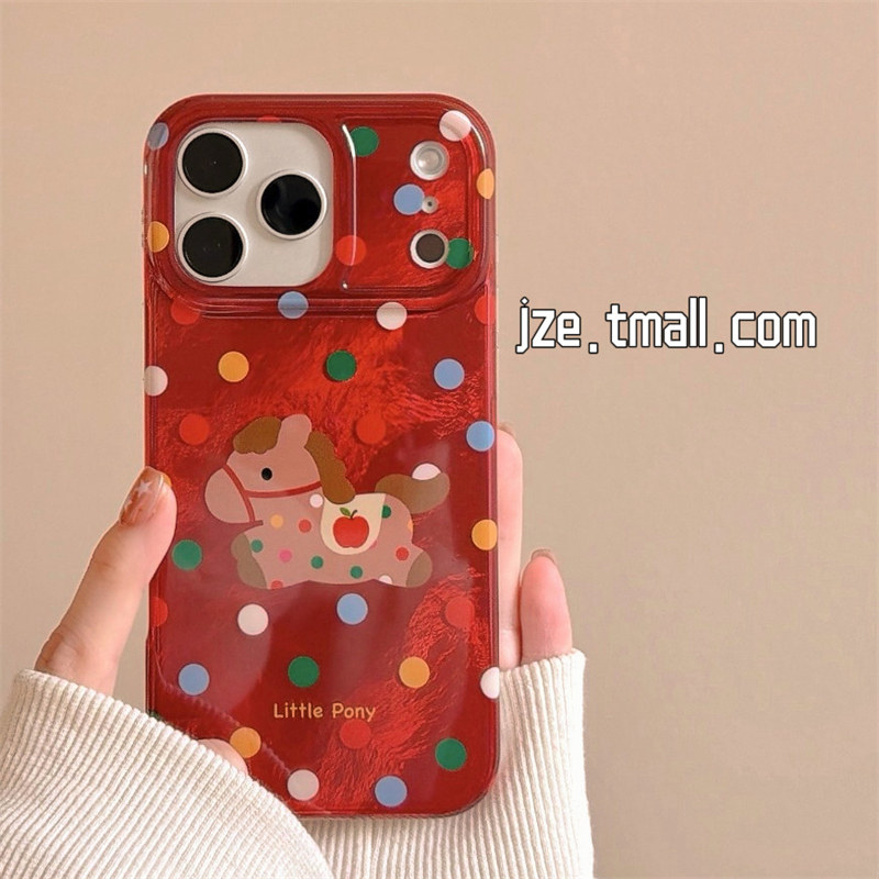jze 新年红底彩色波点小马适用苹果17ProMax手机壳iphone15新款16pro女13双层15pro可爱喜庆14全包防摔保护套