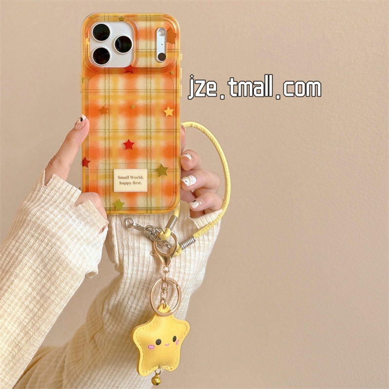 jze 韩风橙晕染格纹彩色星星适用苹果17ProMax手机壳iphone15新款16pro女13带挂绳15pro全包双层防摔保护套14