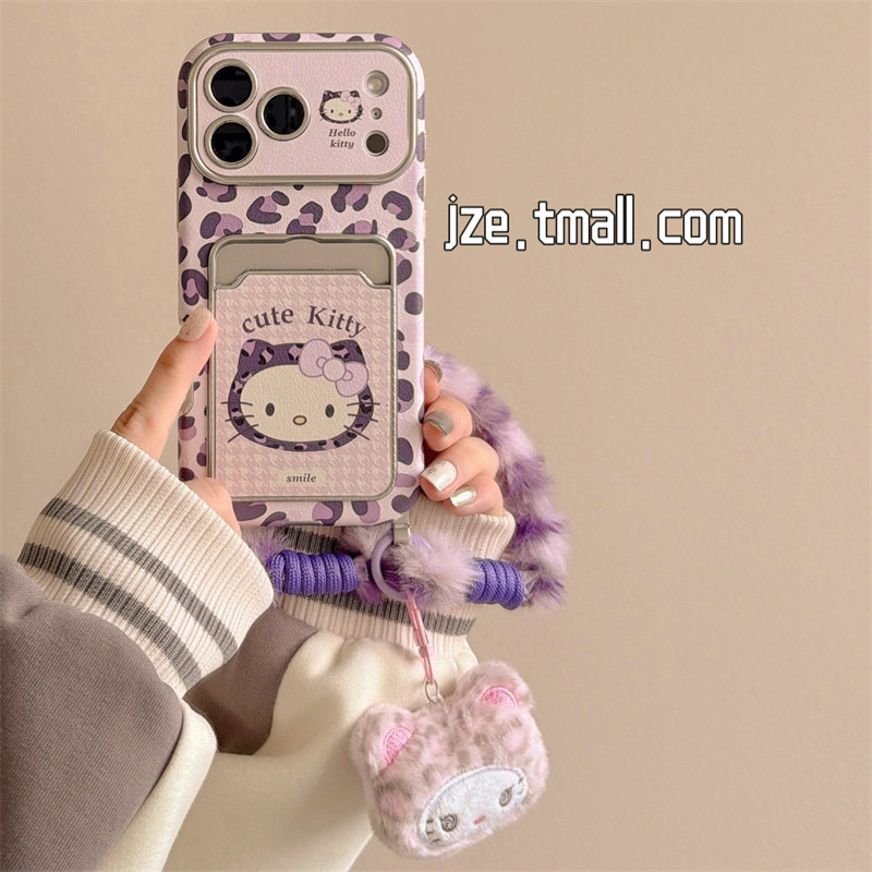 jze 紫色豹纹千鸟格猫咪卡包适用苹果17ProMax手机壳iphone15新款16pro女13毛绒挂绳15pro大视窗14防摔保护套