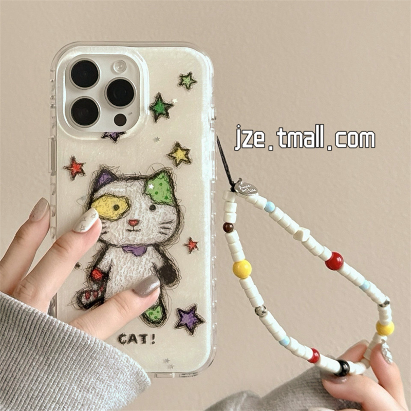 ins趣味可爱小怪猫卡通涂鸦适用苹果15手机壳iphone16ProMax新款15promax女款13带链条16pro双层14全包保护套