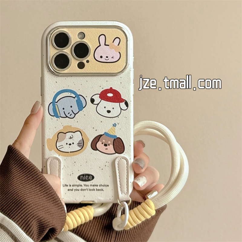 ins可爱泼墨小动物卡通适用苹果15手机壳大视窗iphone16ProMax新款15promax女13带挂绳16pro皮质14全包保护套