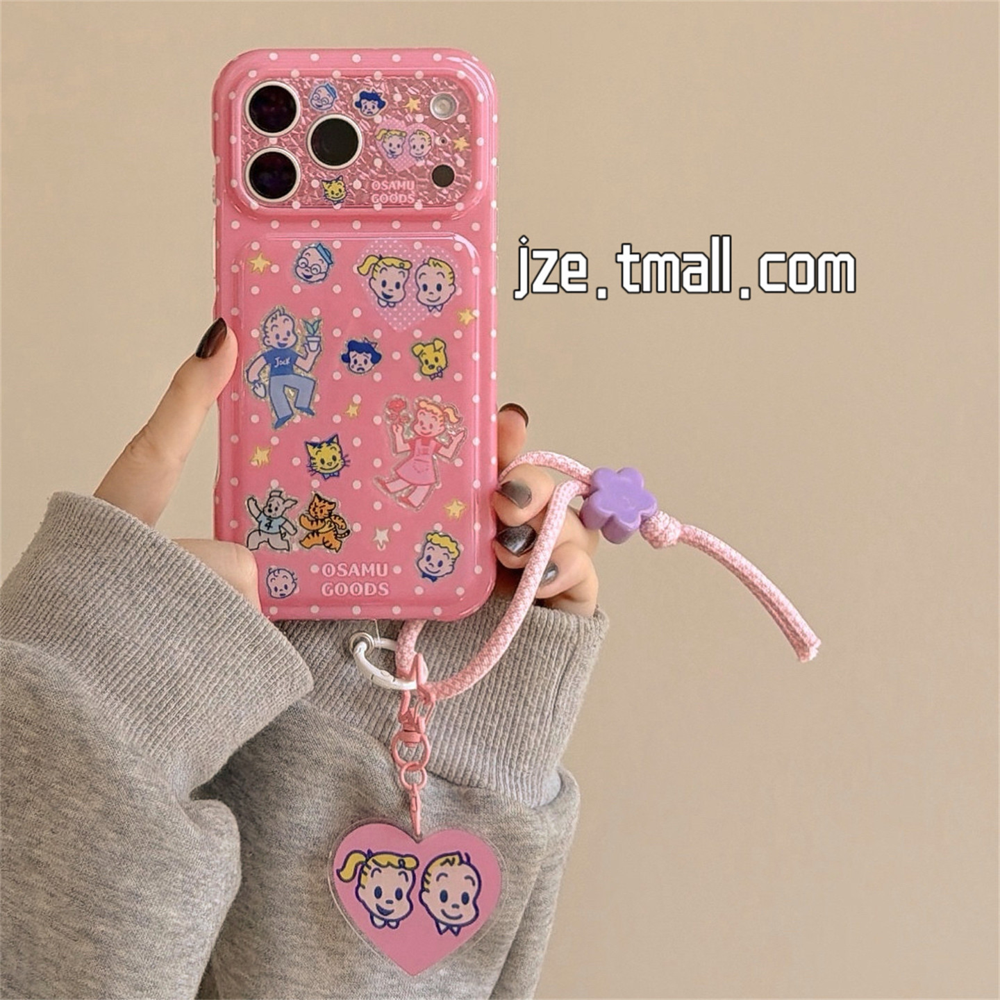 jze 古早日韩玫粉色波点原田治卡通适用苹果17ProMax手机壳iphone16pro新款17女款15pro手提14全包防摔手机套