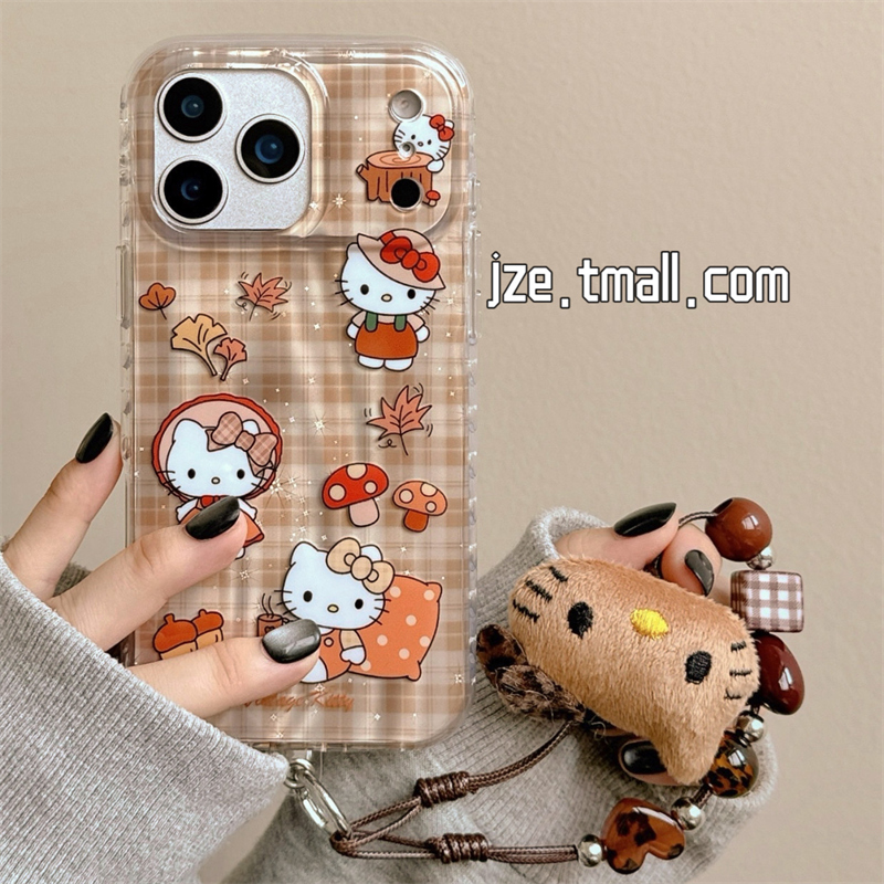 jze 秋冬可爱格纹枫叶HelloKitty适用苹果17ProMax手机壳iphone15新款16pro女款13手提挂绳15pro防摔保护套14
