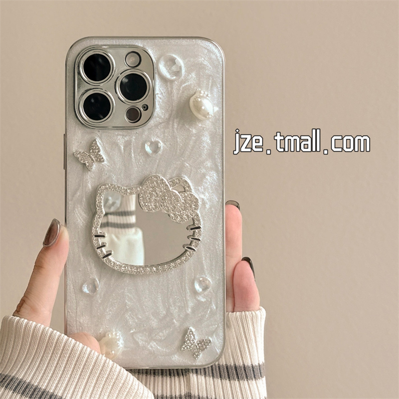 ins小众轻奢蝴蝶水钻kitty猫镜子适用苹果15手机壳iphone16ProMax新款15promax女13滴胶16pro全包保护套14pro