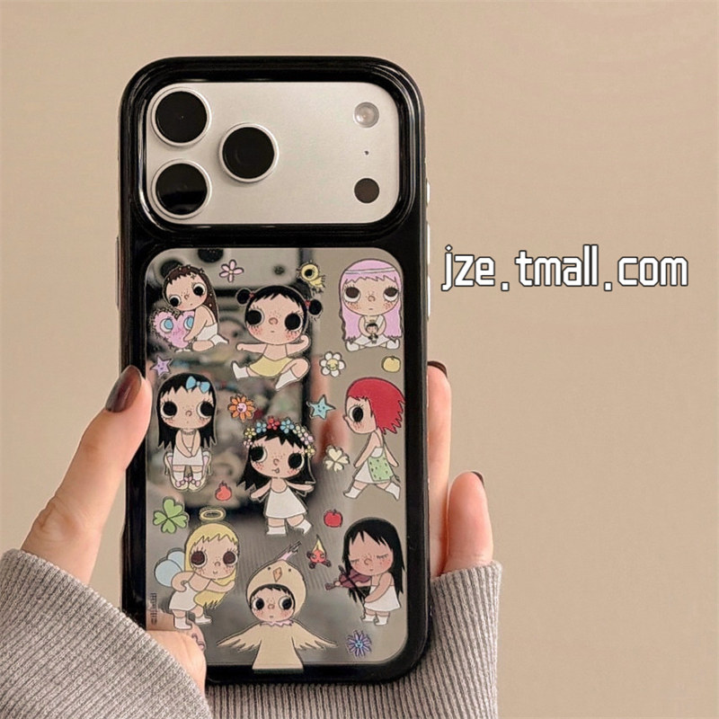 jze ins可爱治愈涂鸦小女孩镜面适用苹果17ProMax手机壳iphone15新款16promax女款17pro超火14全包防摔手机套