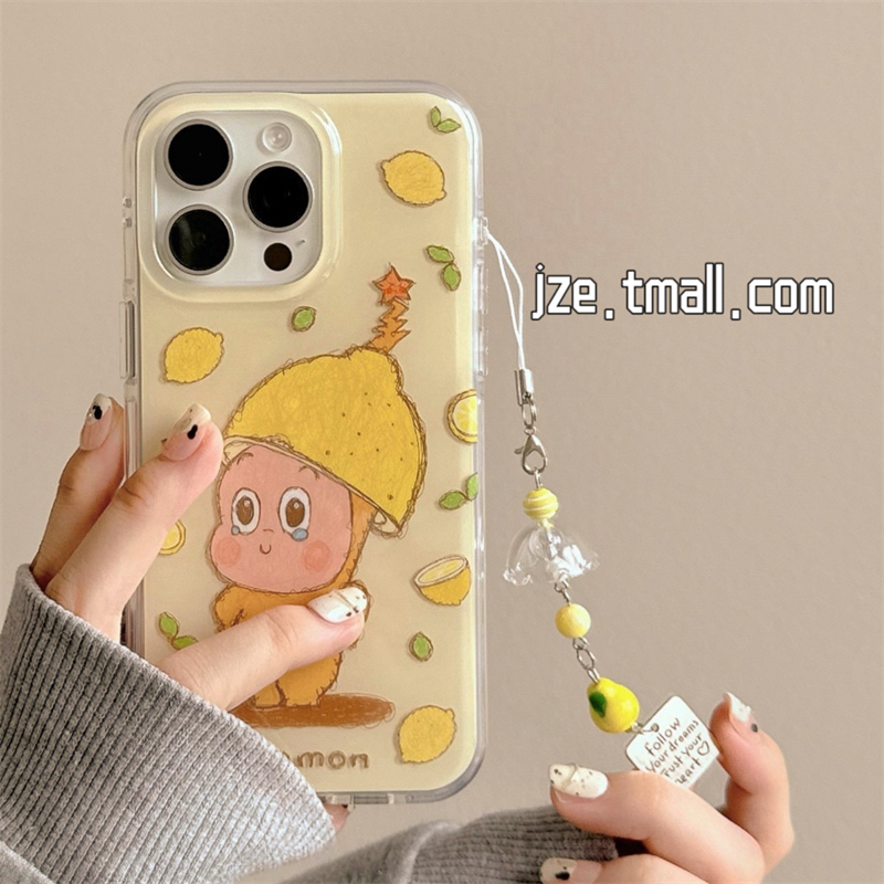jze 趣味可爱卡通柠檬星星小人适用苹果16ProMax手机壳iphone13新款15pro少女15带链条16pro双层14防摔保护套