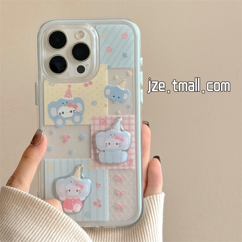 ins拼接格纹大象哈喽kitty卡通适用苹果15手机壳iphone16promax新款15pro防摔女13可爱12二合一14pro全包软壳
