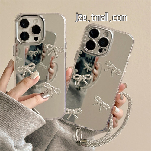ins韩系小香风水钻蝴蝶结补妆镜适用苹果15手机壳iphone16ProMax新款15promax女款13挂链16pro全包11保护套14