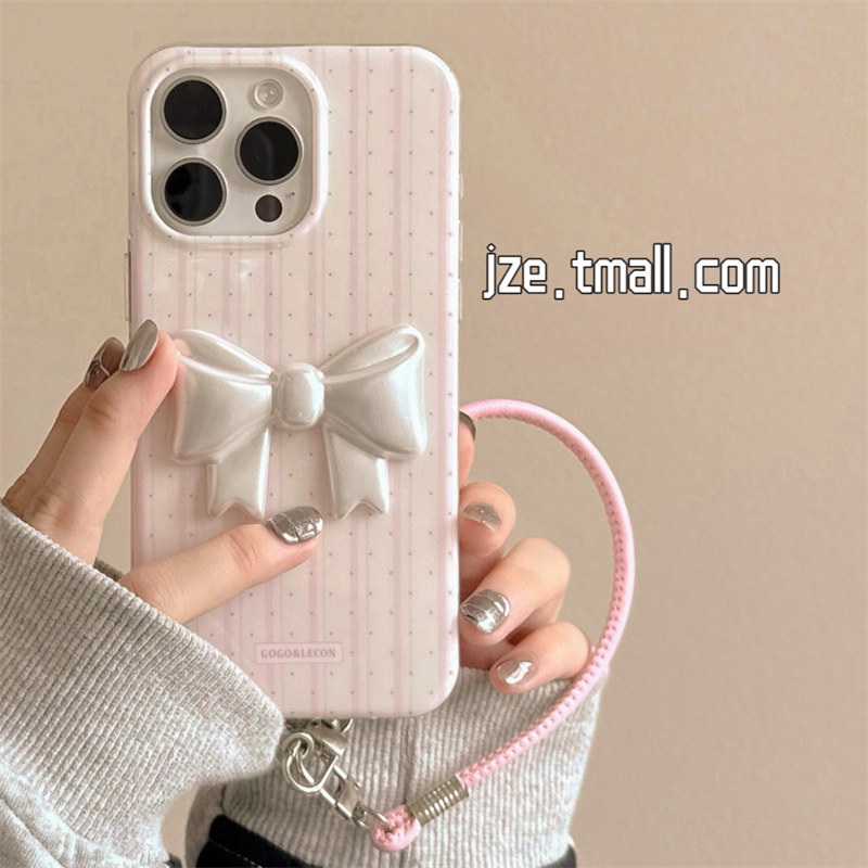 jze韩风少女心粉色波点蝴蝶结适用苹果15手机壳iphone16ProMax新款15promax超好看13带链条16pro全包14保护套