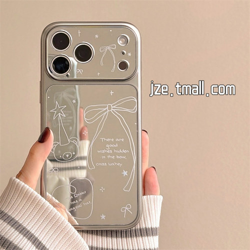 jze韩风ins甜酷可爱线条蝴蝶结小熊镜面适用苹果17ProMax手机壳iphone15新款16pro女款17pro全包14防摔手机套