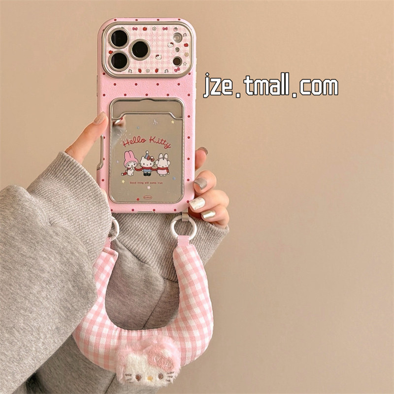jze 可爱粉波点米菲猫咪卡包适用苹果17ProMax手机壳iphone15新款16pro女款13腕带挂绳15pro仿皮14防摔保护套