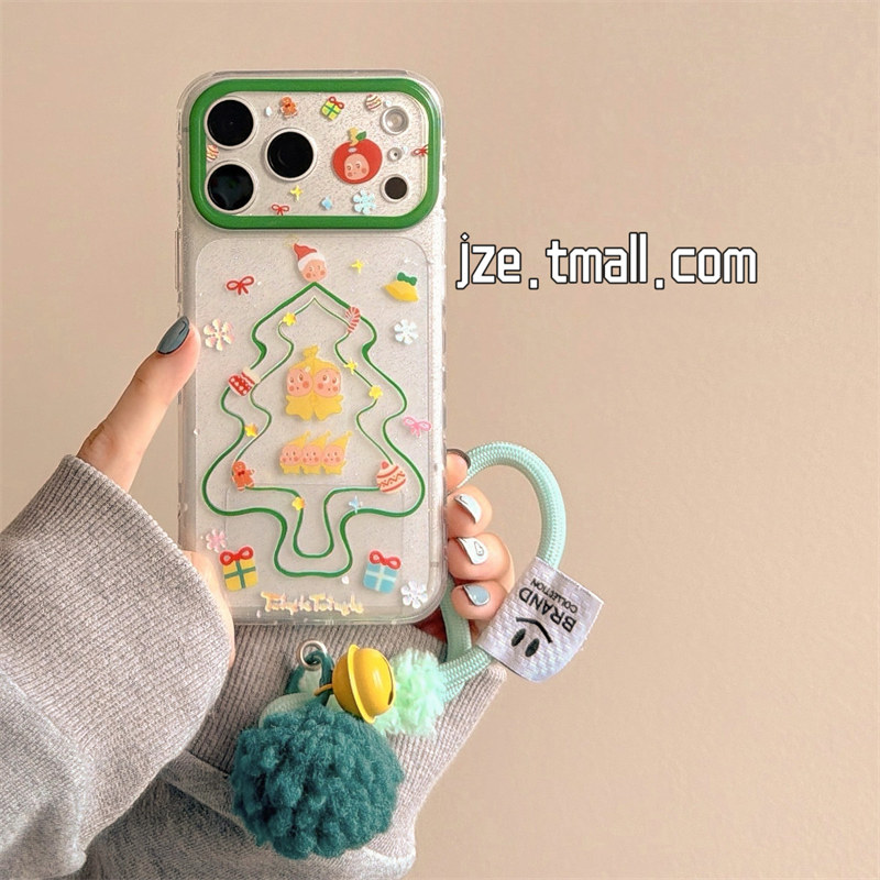 jze细闪ins线条圣诞树星星小人适用苹果17ProMax手机壳iphone15新款16pro女款13带挂绳15pro双层14防摔保护套
