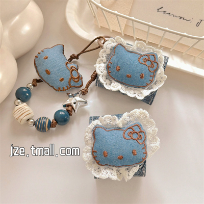 jze 蕾丝牛仔蓝HelloKitty带挂绳适用苹果AirPods4保护壳airpods1/2/3蓝牙无线耳机套airpodspro二三四代新款