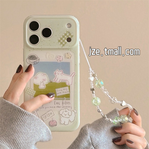 jze春日小清新草地涂鸦狗狗猫咪ins适用苹果17ProMax手机壳iphone15新款16pro女13双层印花15pro防摔手机套14