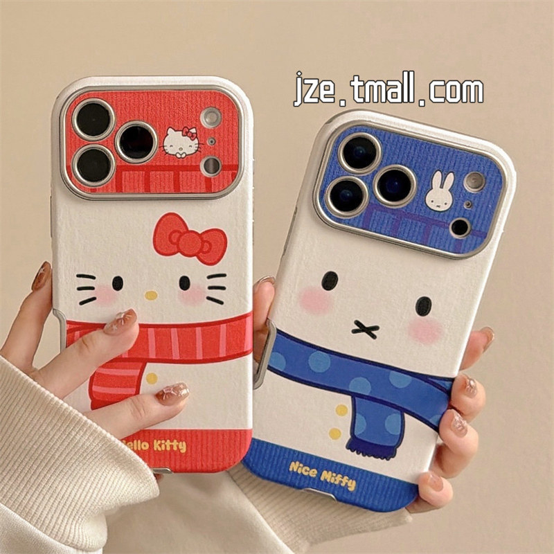 jze 秋冬可爱围巾米菲KT猫卡通适用苹果17ProMax手机壳iphone15新款16pro女13仿皮15pro全包14防摔保护套超火