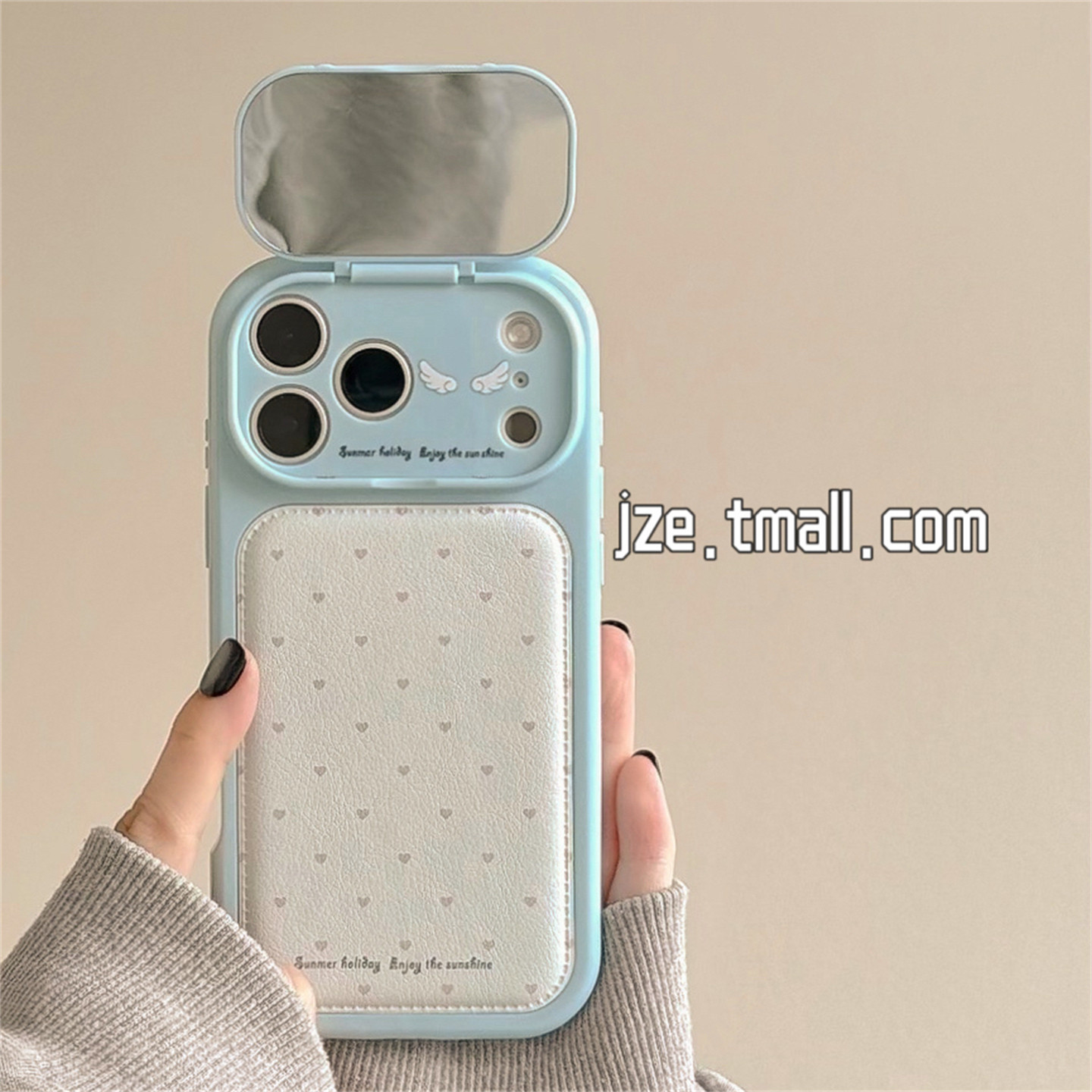 jze韩风ins蓝白撞色波点翅膀翻盖补妆镜适用苹果18ProMax手机壳iphone17pro新款16女款15pro全包14防摔手机套