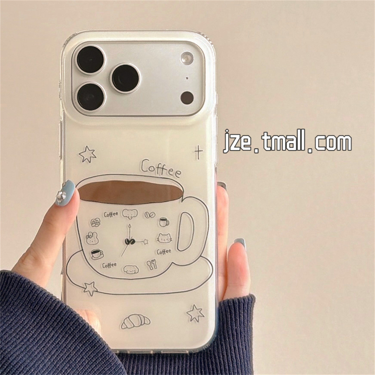 jze韩系ins可爱线条咖啡小动物时钟适用苹果17ProMax手机壳双层iphone16pro新款17女款15pro创意14防摔手机套