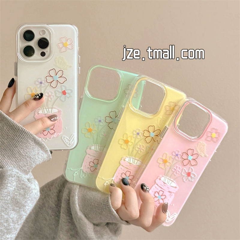 简约小清新线条花朵盆栽适用苹果15手机壳夏天iphone16promax新款15pro防摔13女款高级12韩风14pro全包保护套