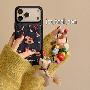 jze 秋冬复古牛仔刺绣摇摇马适用苹果17ProMax手机壳iphone15新款16pro韩系女款13超火15pro全包14防摔保护套