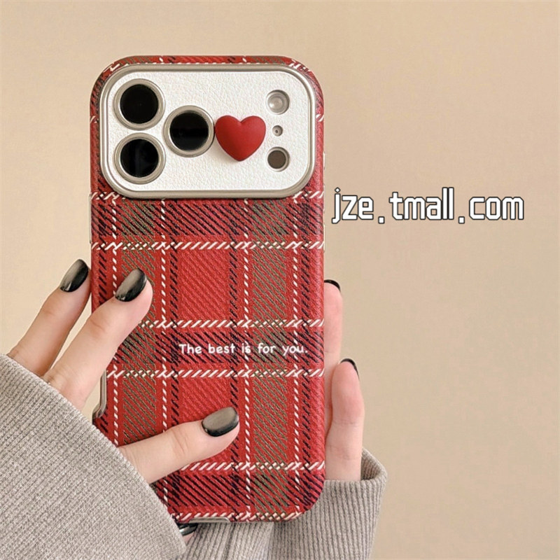 jze 小众ins复古红色格纹爱心皮质适用苹果17ProMax手机壳iphone15新款16pro女款13大视窗15pro防摔保护套14