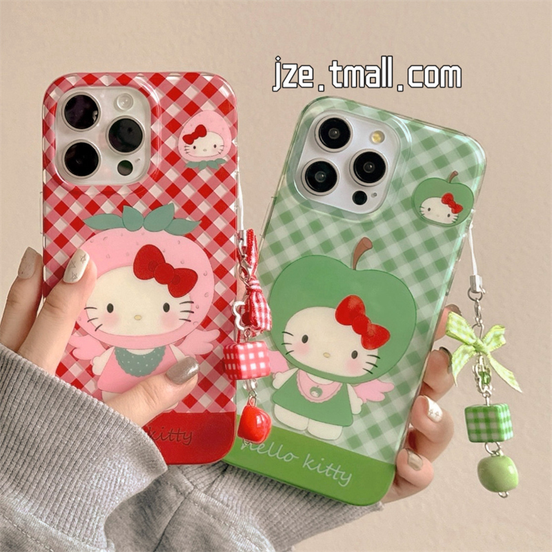 可爱红绿草莓苹果HelloKitty适用苹果15手机壳iphone16ProMax新款15promax女款13带挂坠16pro全包保护套14pro