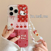 jze新年可爱格纹红苹果kitty适用苹果17ProMax手机壳iphone15新款 16pro少女心13带链条15pro双层14防摔手机套
