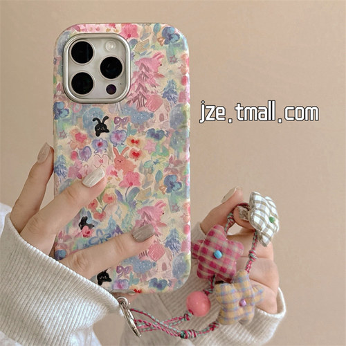 可爱彩色油画兔子适用苹果17手机壳花朵挂绳iPhone16ProMax新款15pro防摔13女款小众12皮质14pro全包卡通软壳