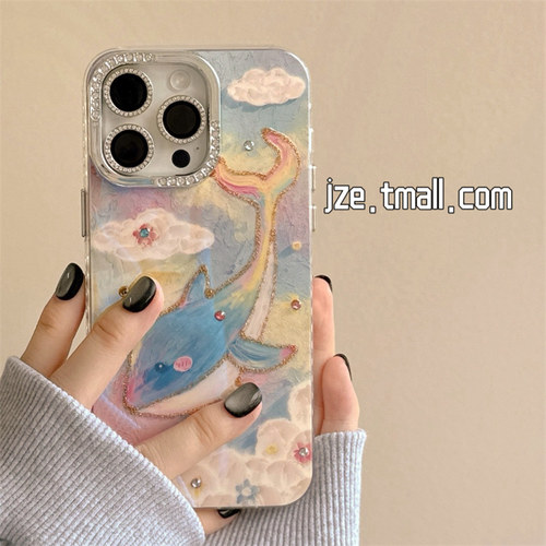 闪钻油画鲸鱼可爱卡通适用苹果17手机壳iPhone16ProMax新款15pro防摔12女款小众13硅胶14pro带镜头膜全包软壳