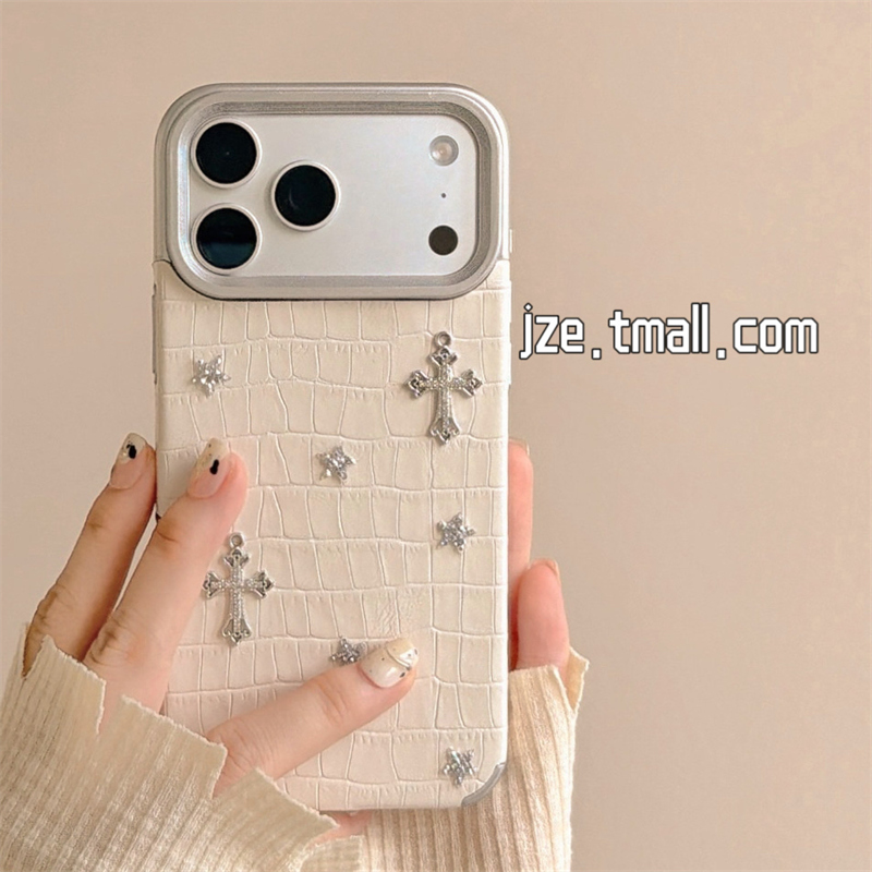 jze ins风轻奢立体闪钻十字架星星适用苹果17ProMax手机壳iphone15新款16pro女款13鳄鱼纹15pro防摔保护套14