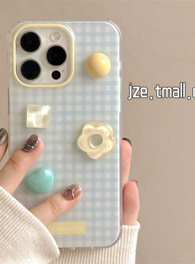 韩系ins奶蓝色格纹花朵宝石适用苹果17手机壳iPhone16ProMax新款15promax防摔13甜美少女12立体14pro全包软壳