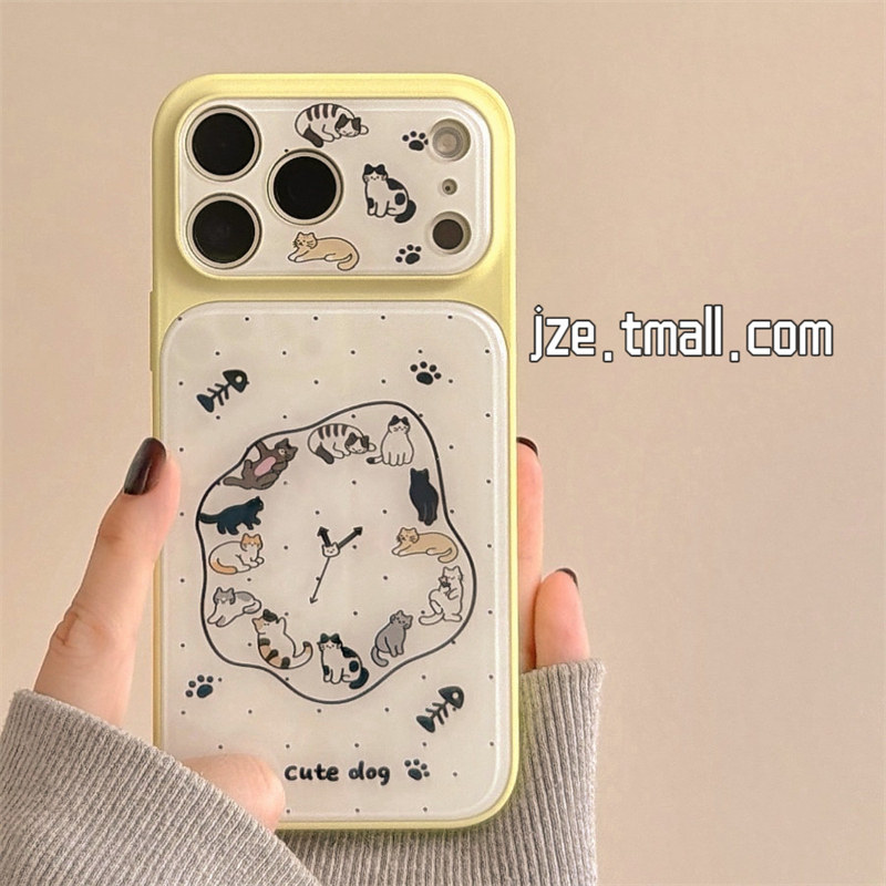 jze 卡通可爱波点时钟猫咪小狗适用苹果17ProMax手机壳超好看iphone15新款16pro女款17pro大视窗14防摔手机套