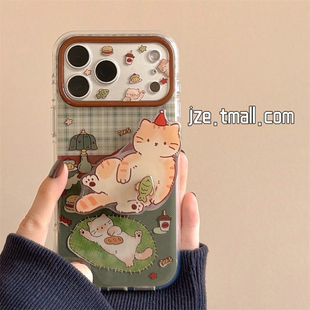 jze 韩风彩绘可爱慵懒卡通猫咪适用苹果17ProMax手机壳iphone15新款16pro女款小众17pro双层14全包防摔手机套