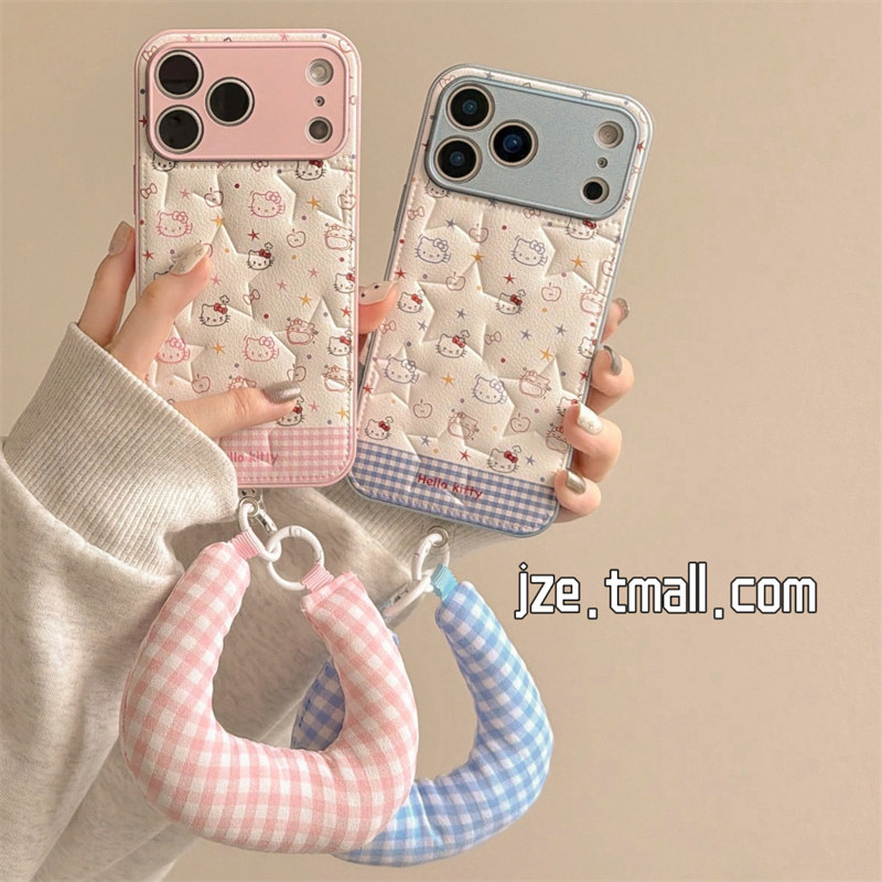 jze 皮质可爱五角星哈喽kt格纹手柄适用苹果17ProMax手机壳iphone15新款16pro女13创意15pro全包防摔保护套14