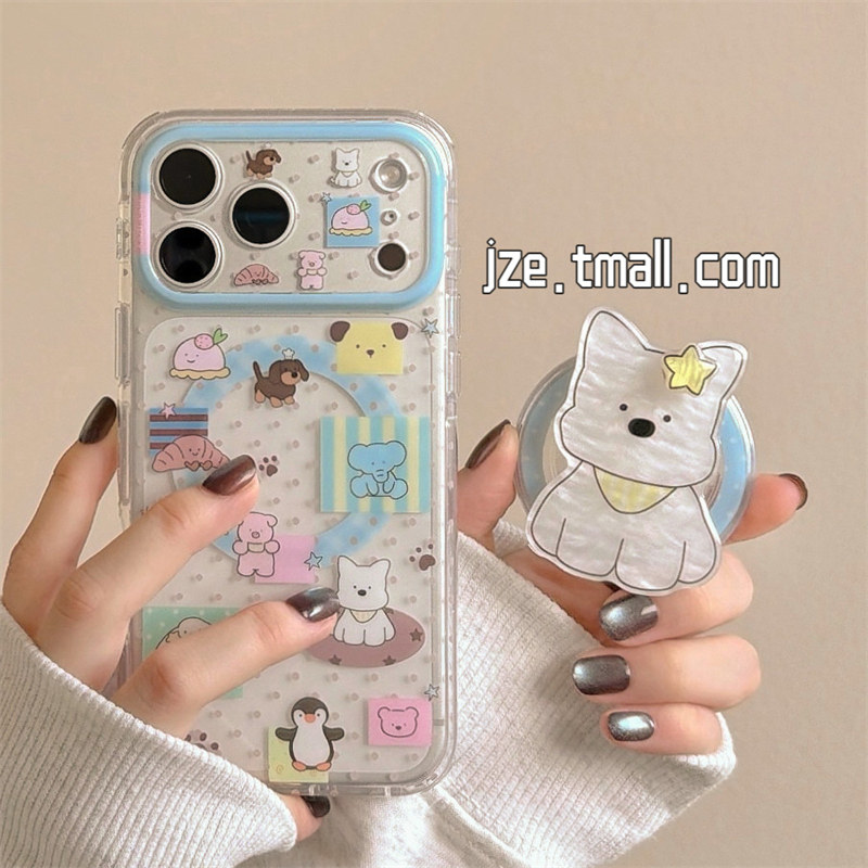 jze 萌系波点jellycat西高地磁吸支架适用苹果17ProMax手机壳透明iphone15新款16pro女17pro创意14防摔手机套