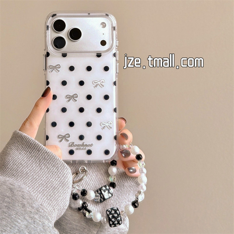 jze简约ins风黑白波点蝴蝶结适用苹果17ProMax手机壳韩系iphone15新款16pro女款17pro带挂绳14全包防摔手机套