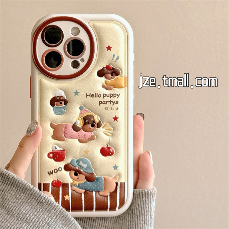皮质卡通可爱腊肠狗适用苹果15手机壳iPhone16ProMax秋冬新款15pro防摔13女款小众12硅胶14pro创意全包软壳16