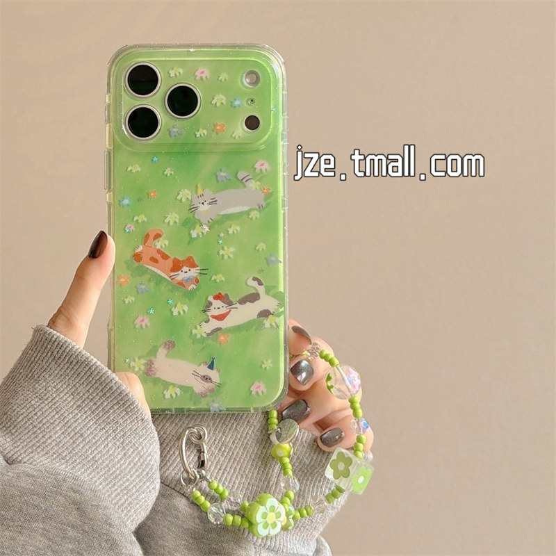 jze春夏ins绿草地油画花朵猫咪适用苹果17ProMax手机壳iphone15新款16pro女款可爱17pro双层14全包防摔手机套