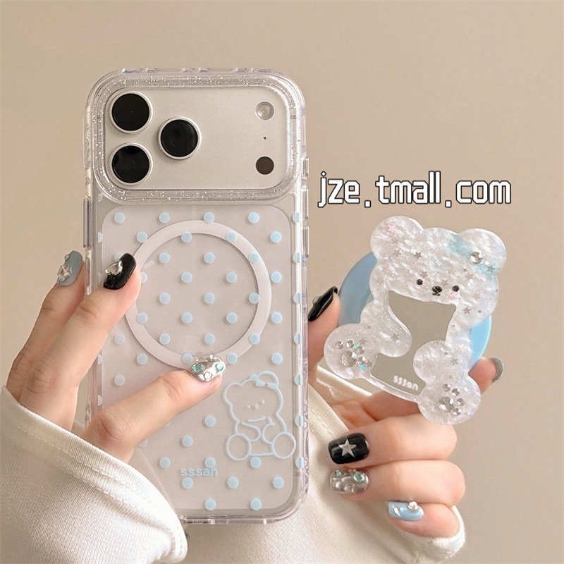 jze韩系ins透明蓝波点小熊镜面磁吸支架适用苹果17ProMax手机壳iphone15新款16pro女款17pro可爱14防摔手机套
