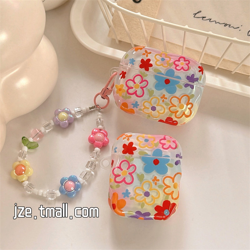 jze春夏ins彩色油画花朵涂鸦带挂绳适用苹果AirPods4保护壳airpods1/2/3蓝牙无线耳机套airpodspro二三四代新