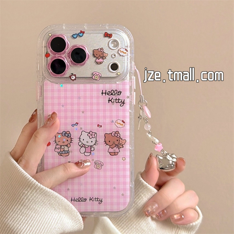 jze 韩系可爱少女奶油粉格纹猫咪挂件适用苹果17ProMax手机壳iphone15新款16pro全包13小众15pro防摔保护套14