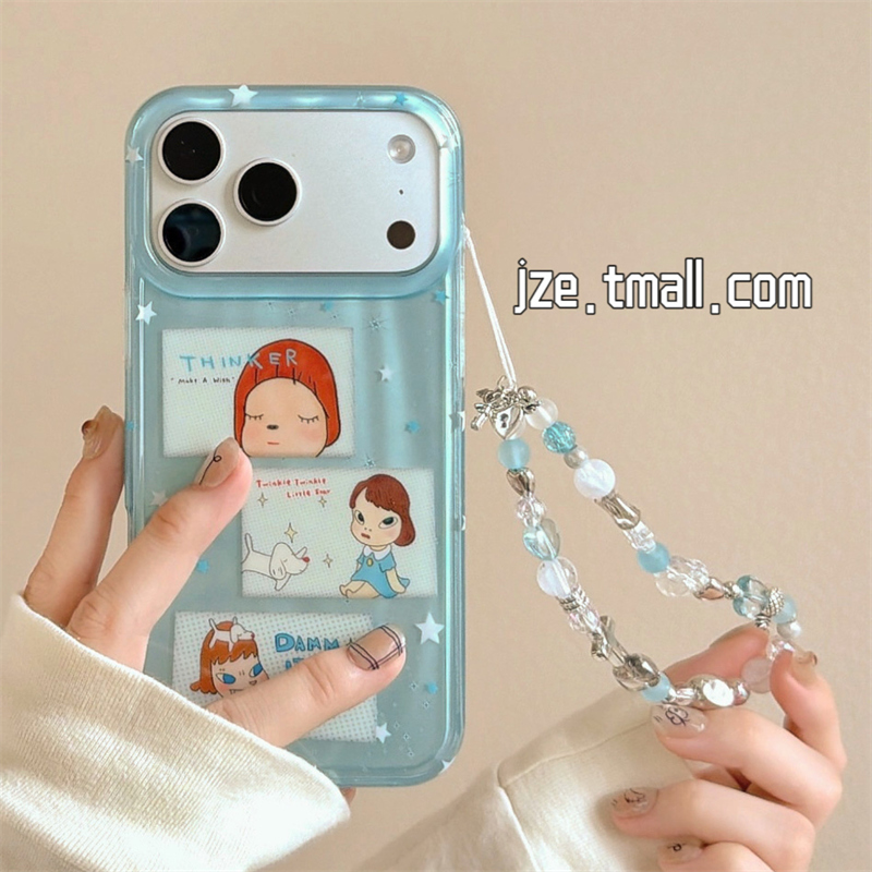 jze 日韩蓝底奈良美智女孩插画适用苹果17ProMax手机壳iphone15新款16pro镭射13双层15pro超好看14防摔保护套