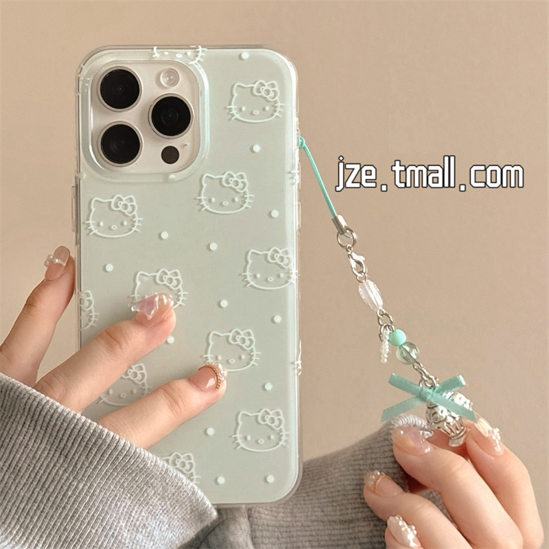 ins可爱小众绿色波点kitty猫挂坠适用苹果15手机壳iphone16promax新款15pro防摔13女款12双层14pro全包保护套