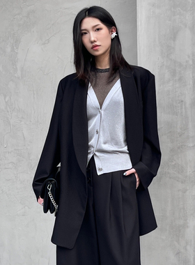 【商场同款】mithworld沵媞时尚百搭宽肩西装缎面显瘦黑色大衣女