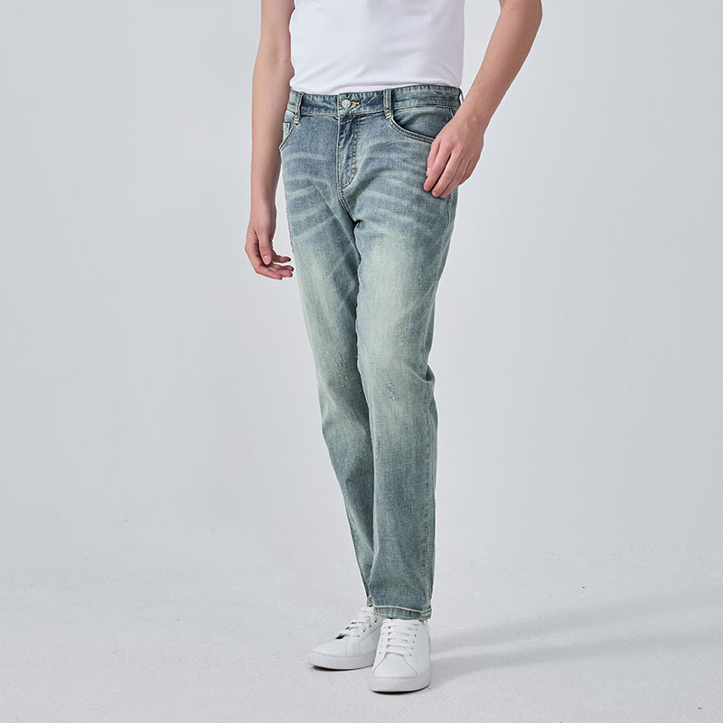 DAVID NAMAN【新品】早春压花设计休闲水洗浅蓝色男款牛仔裤长款