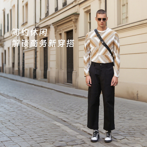 直筒阔腿显瘦黑色休闲裤男